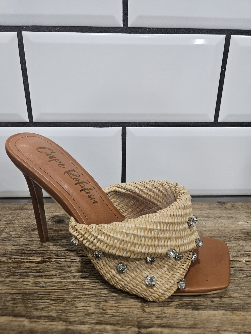 Cape Robbin Beige Woven Crystal Heel Sandal
